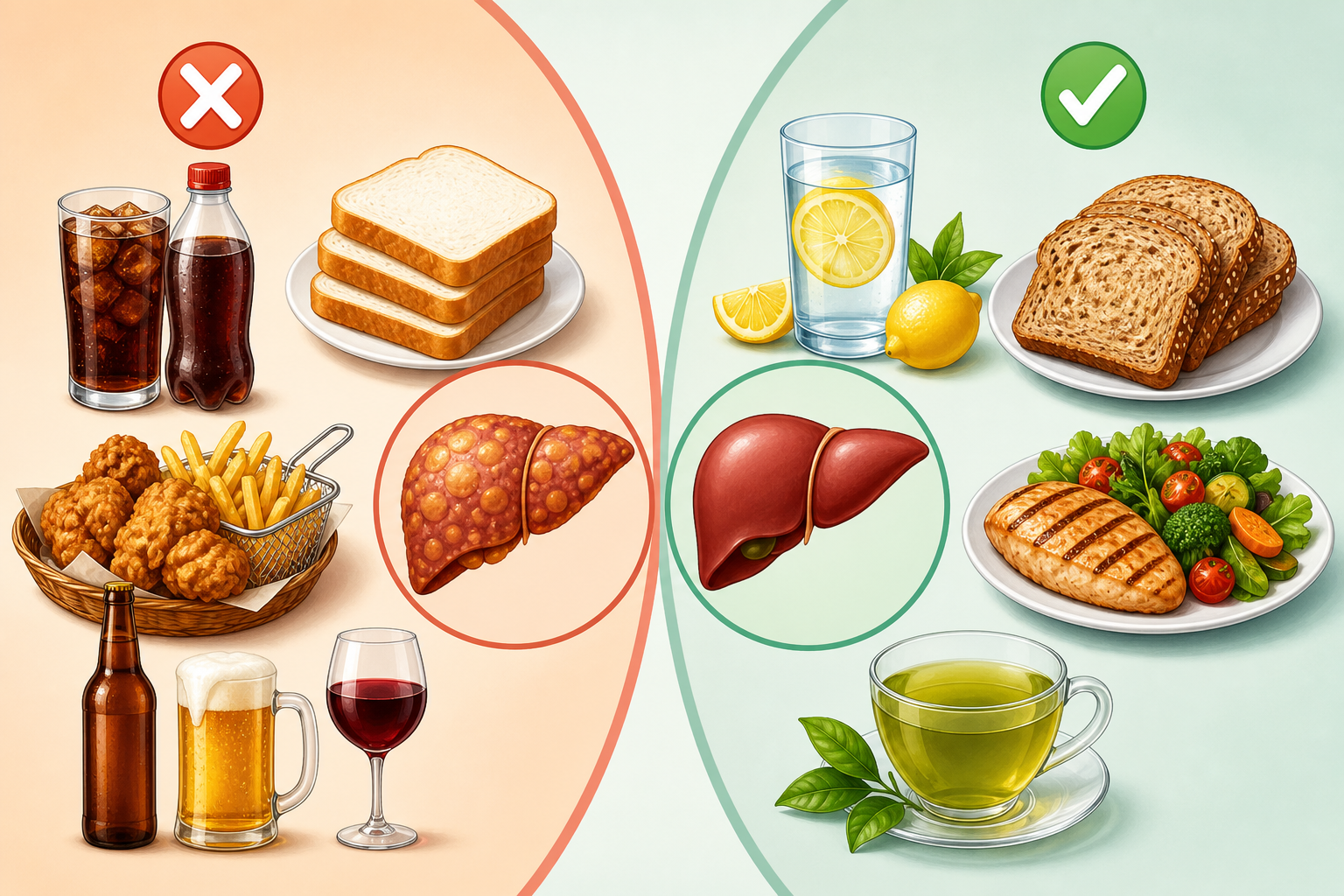 Een vergelijkingsillustratie van te vermijden voeding zoals frisdrank en gefrituurd eten naast gezonde alternatieven zoals water en gegrilde groenten