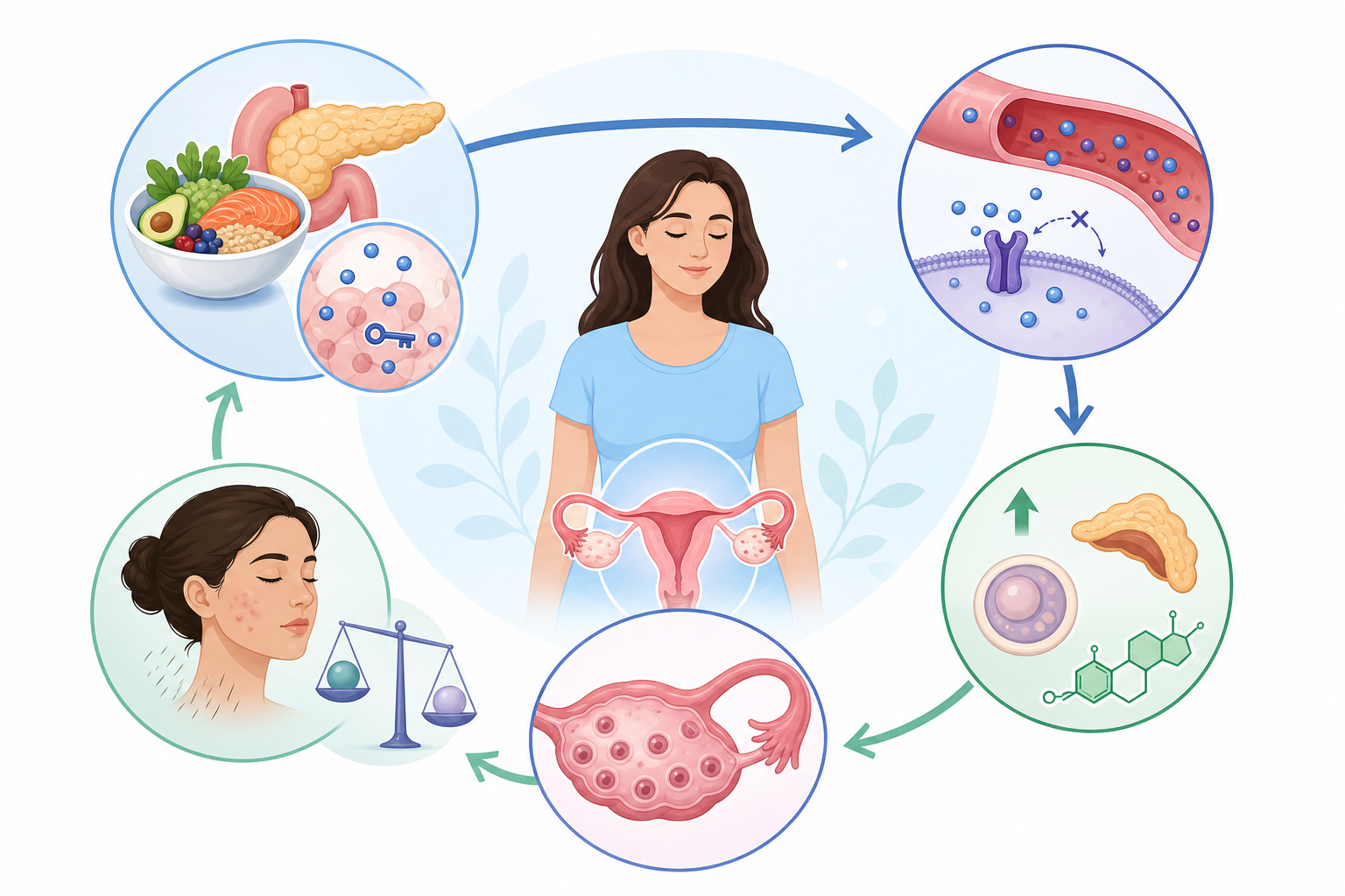 Illustration der viser forbindelsen mellem insulinresistens og hormonubalance ved PCOS