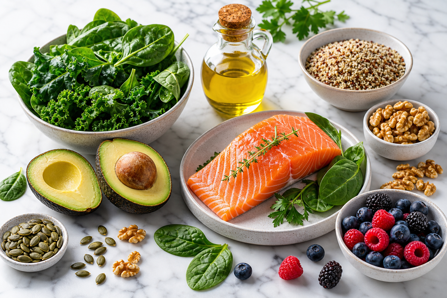 Et smukt arrangement af PCOS-venlige fødevarer som laks, avocado, bær og quinoa