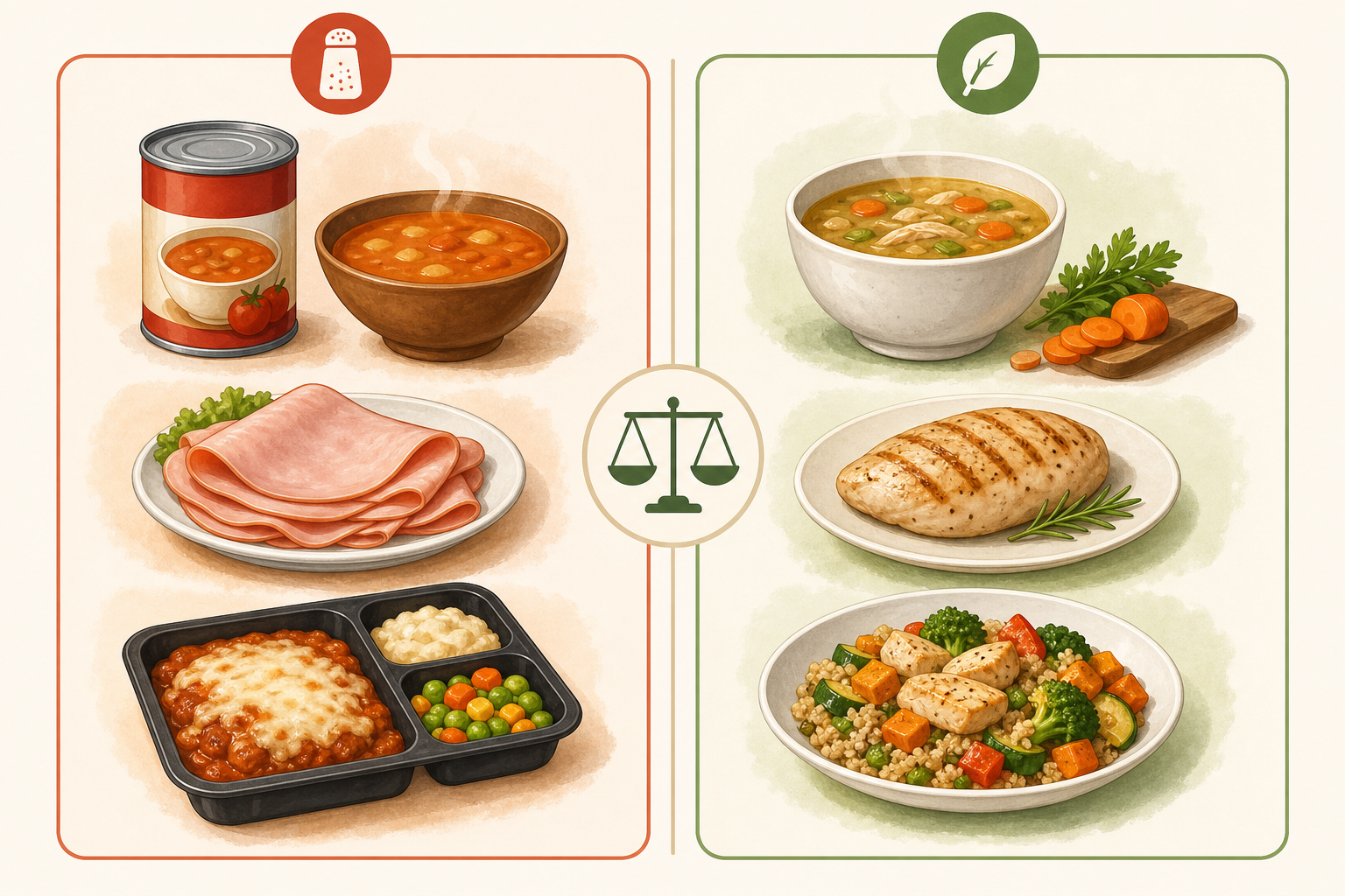 En infografik der sammenligner fødevarer med højt natriumindhold som dåsesuppe, pålæg og frostpizza med hjemmelavede alternativer med lavt natriumindhold