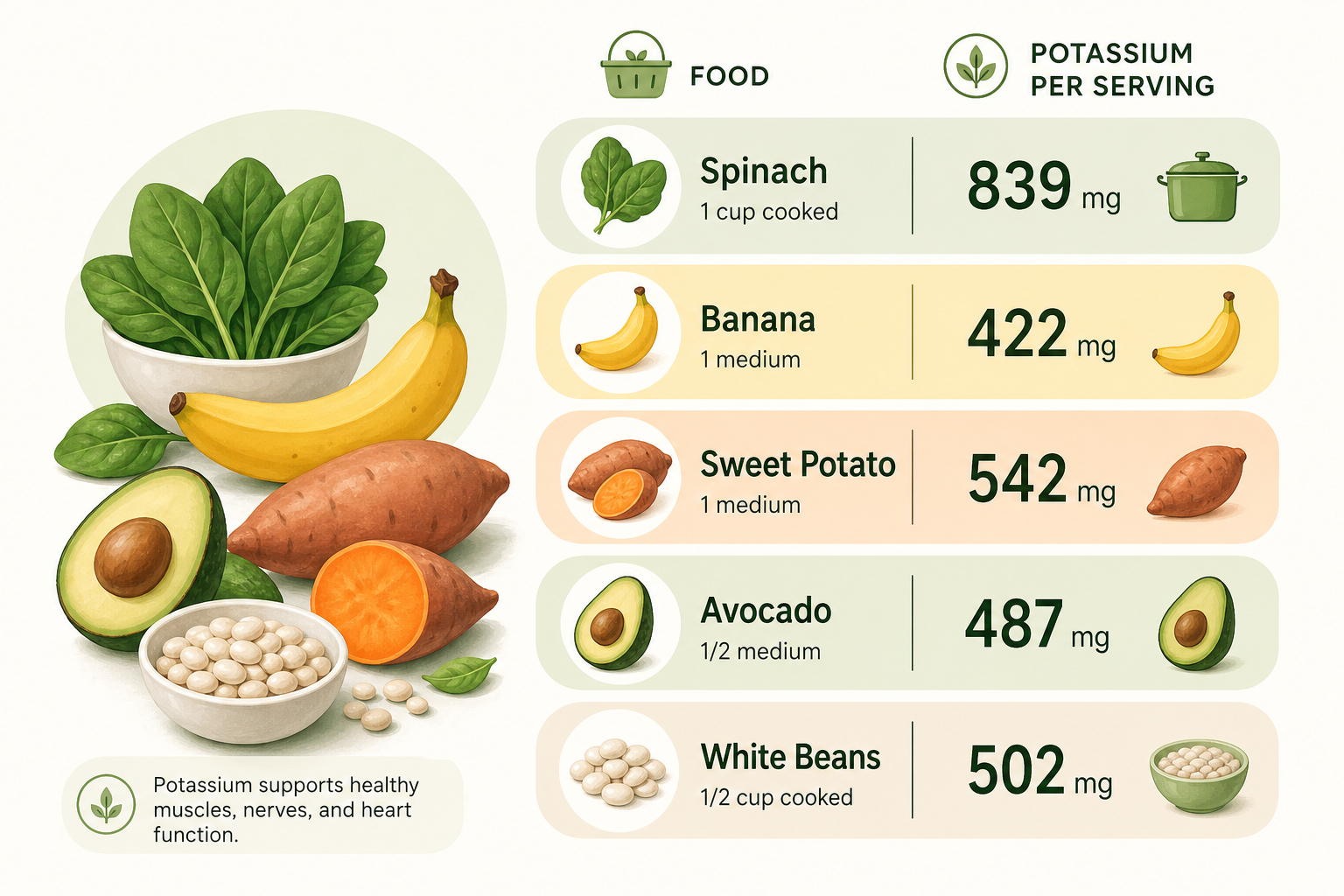En overskuelig liste over kaliumrige fødevarer: spinat, bananer, søde kartofler, avocado og hvide bønner med deres omtrentlige kaliumindhold per portion