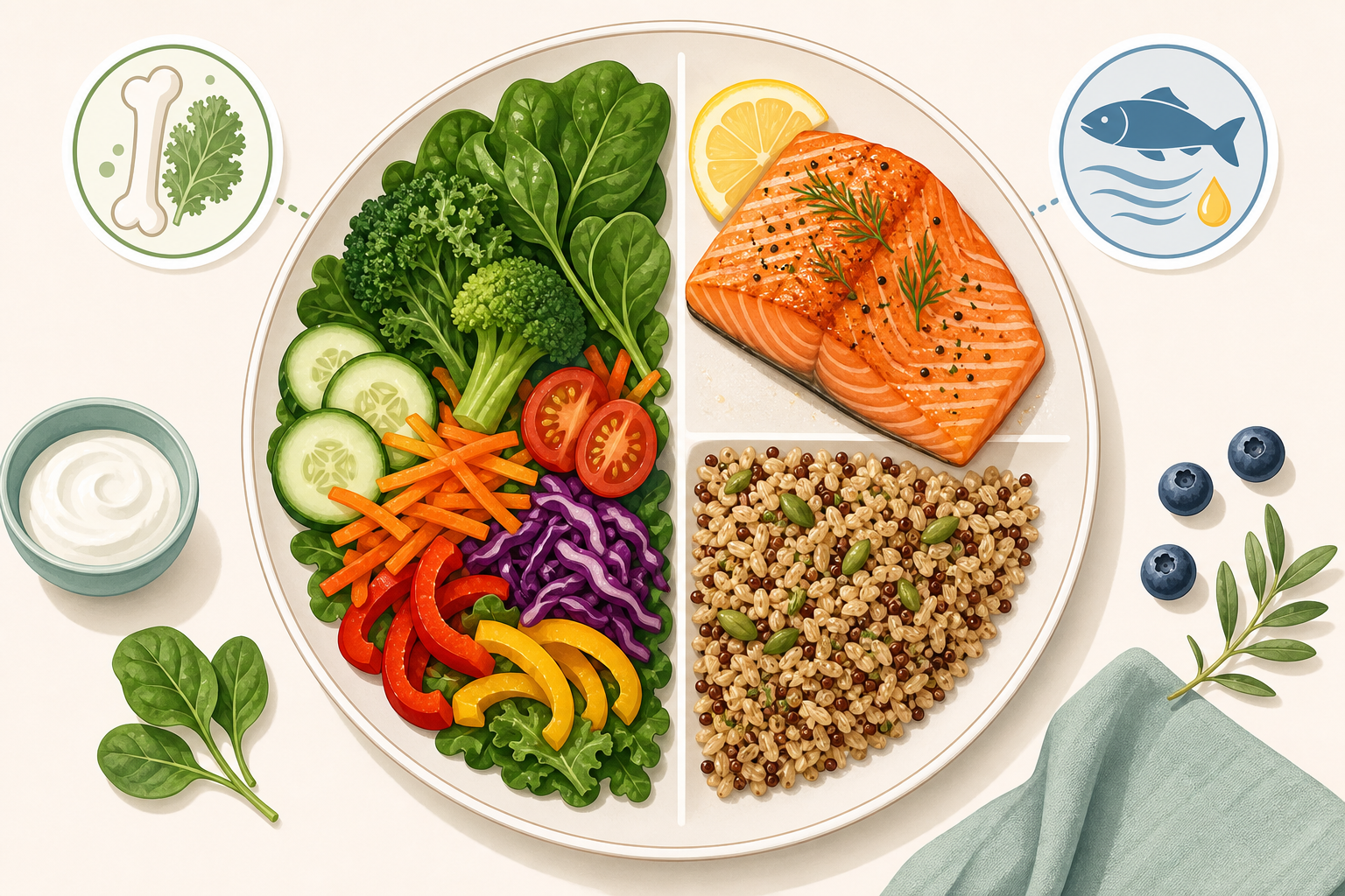 Een geïllustreerd voedingsbord met een menopause-vriendelijke maaltijd: bladgroenten en kleurrijke groenten, zalmfilet en quinoa, met kleine icoontjes voor calcium en omega-3