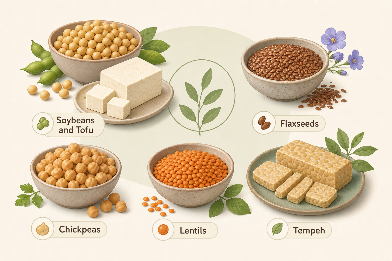 Een educatieve infographic met phyto-oestrogeenrijke voeding: sojabonen, tofu, een schaaltje lijnzaad, kikkererwten en tempeh, met zachte labels en een modern design