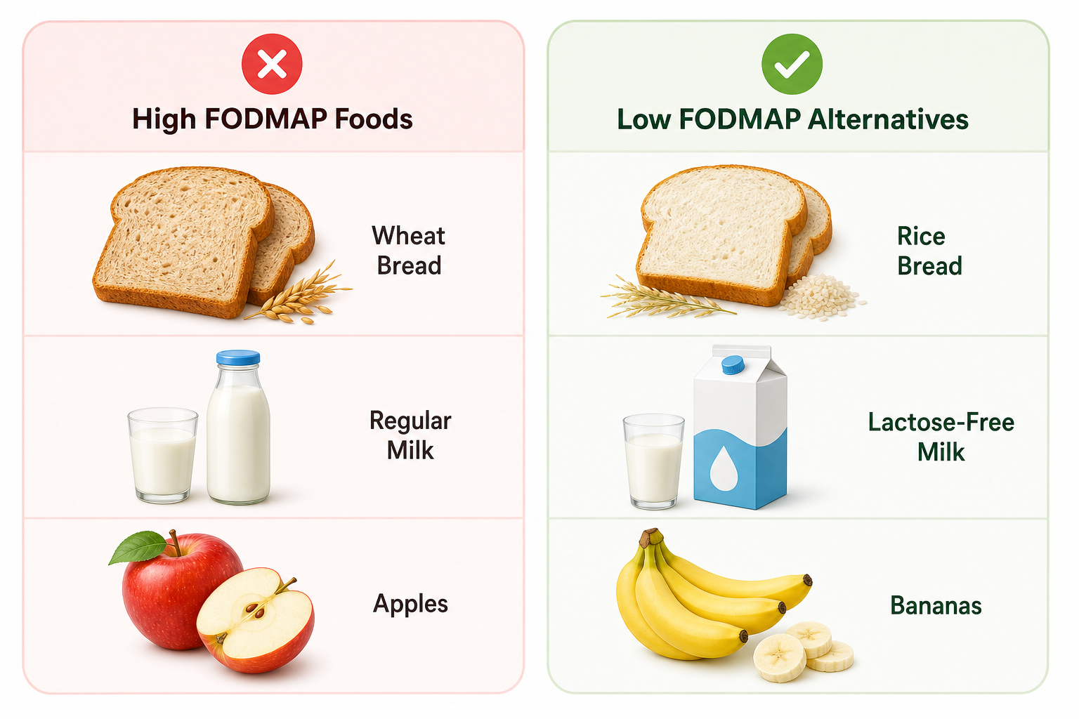 Jämförelse mellan hög-FODMAP och låg-FODMAP livsmedel som visar alternativ som vetebröd mot risbröd, mjölk mot laktosfri mjölk, äpplen mot bananer