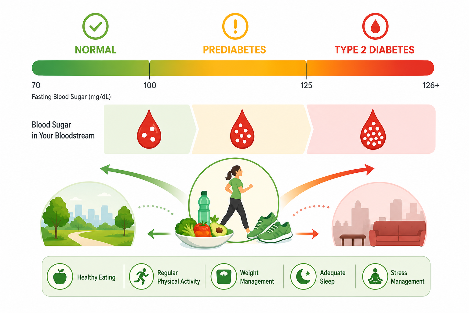 Infografik der viser blodsukker-spektret fra normal (grøn zone) over prediabetes (gul zone) til type 2 diabetes (rød zone), med en pil der illustrerer hvordan livsstilsændringer kan flytte niveauet tilbage mod normalen.