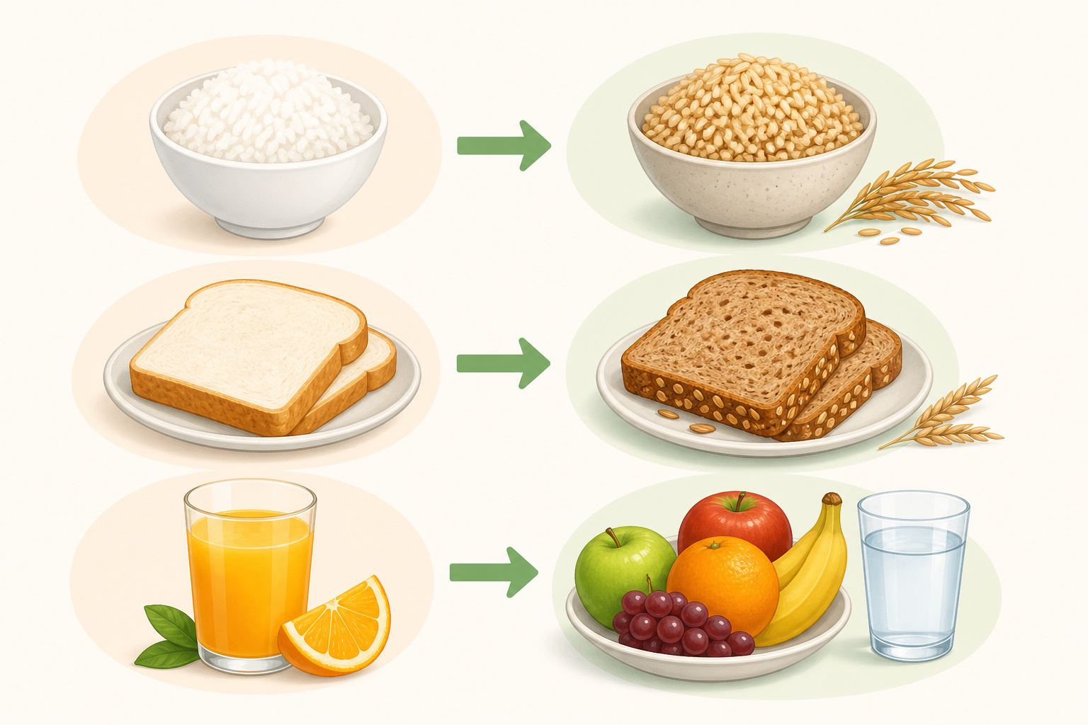 Illustration af madbytteguide med side-om-side sammenligninger: hvide ris over for brune ris, hvidt brød over for fuldkornsbrød, og frugtjuice over for et helt stykke frugt med et glas vand. Illustrationen er i en ren, moderne stil med bløde farver.